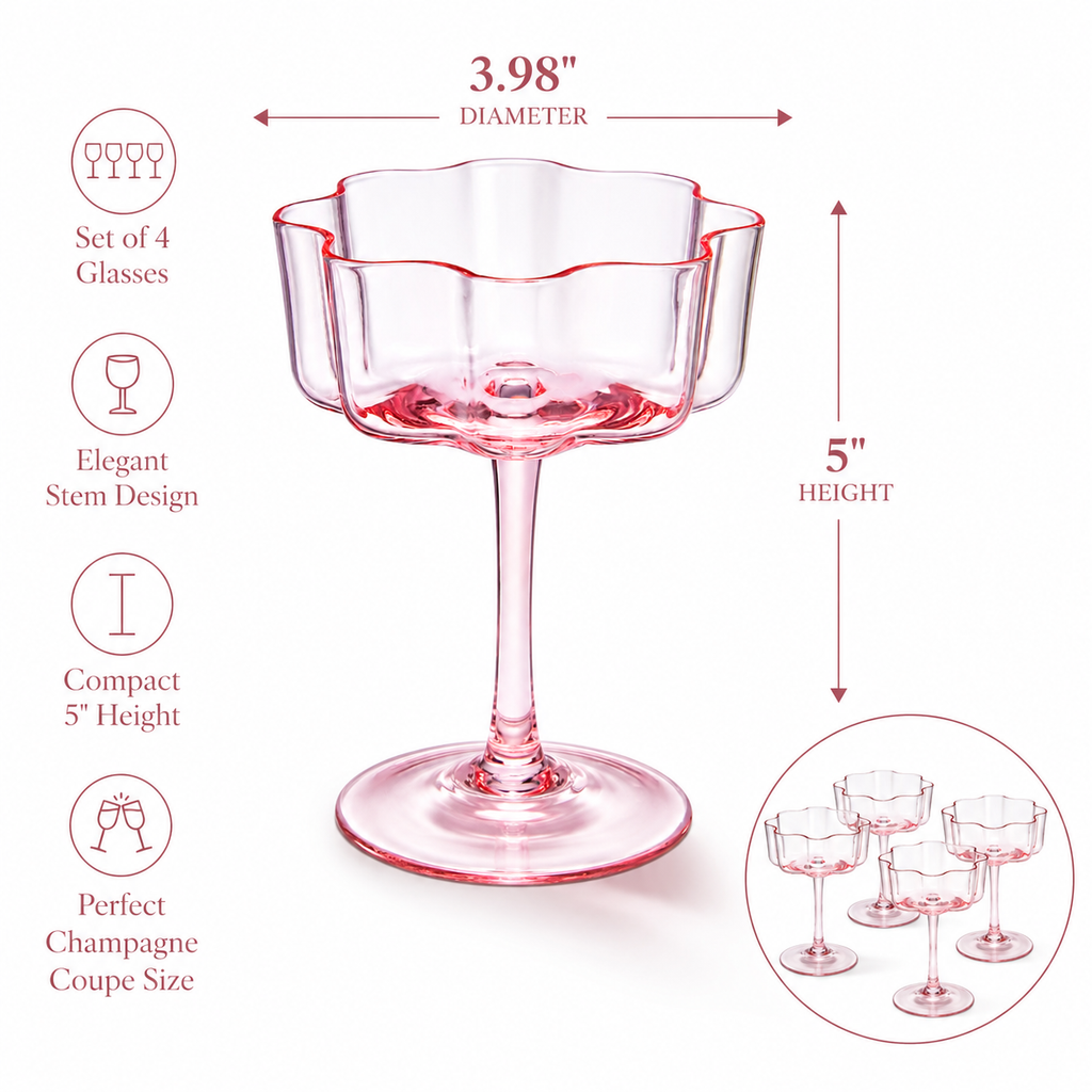 Flower Wave Coupe Cocktail Colored Glasses | Set of 4 | Blush Pink