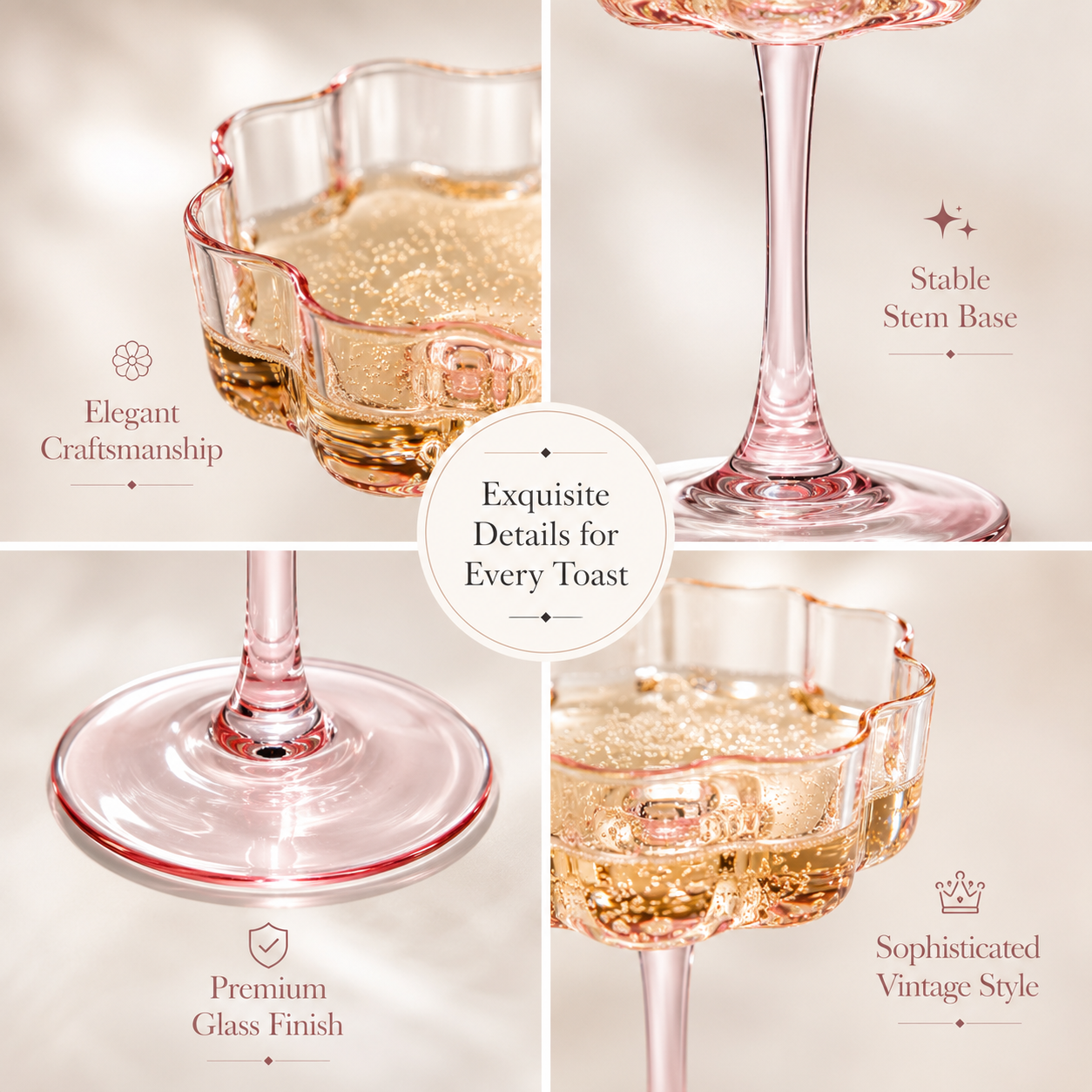 Flower Wave Coupe Cocktail Colored Glasses | Set of 4 | Blush Pink