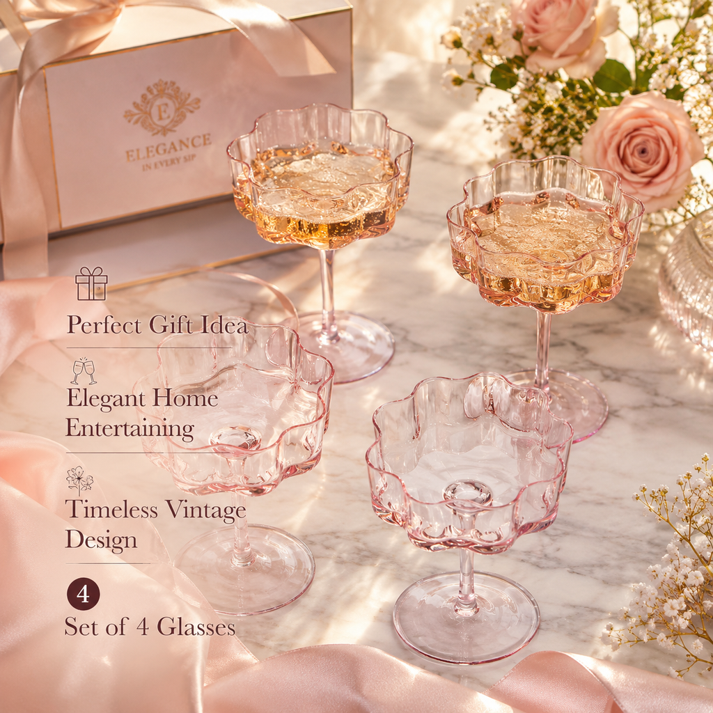 Flower Wave Coupe Cocktail Colored Glasses | Set of 4 | Blush Pink