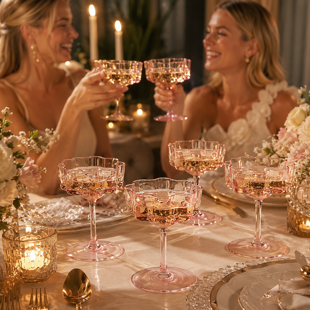 Flower Wave Coupe Cocktail Colored Glasses | Set of 4 | Blush Pink