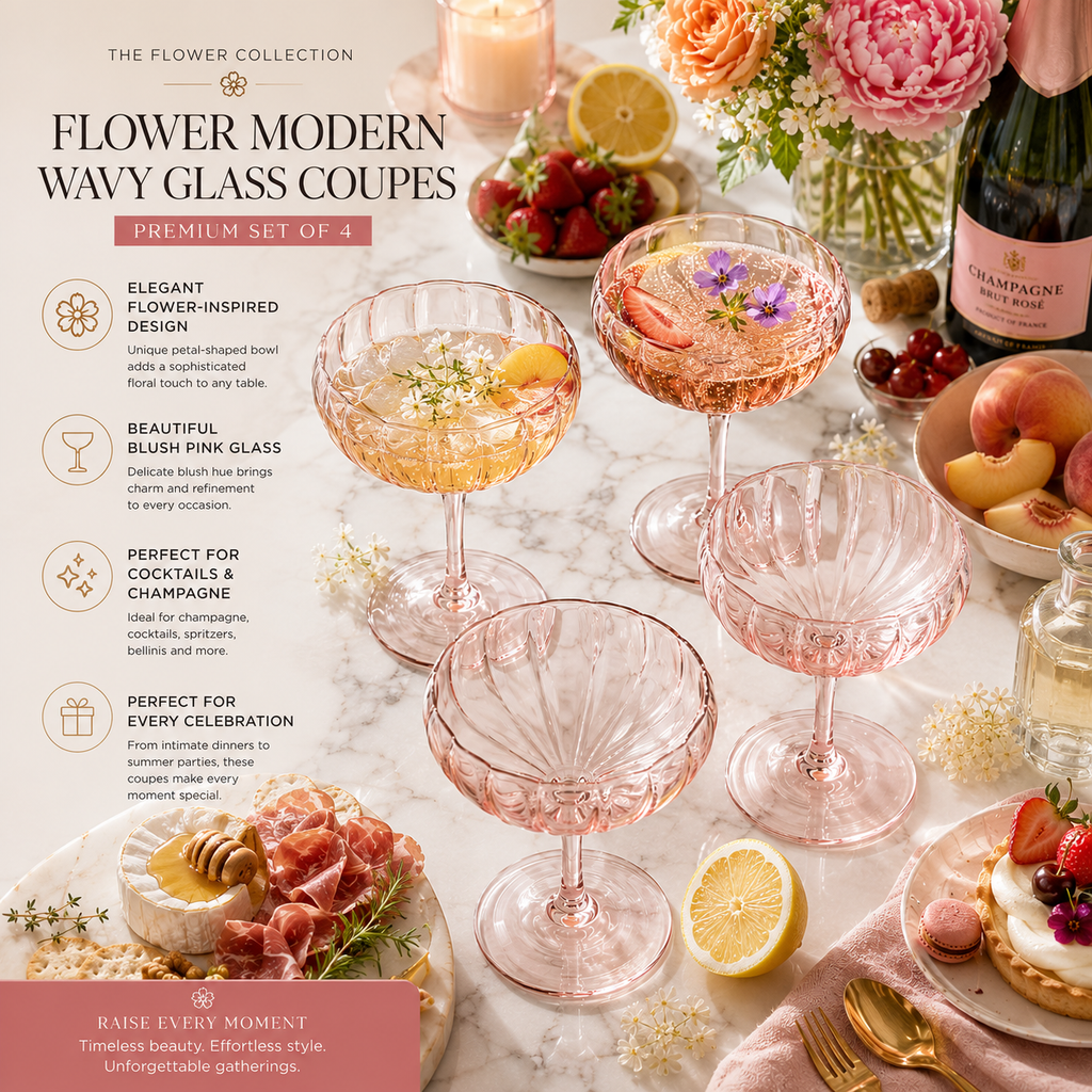 Flower Wave Champagne Coupe Cocktail Glassware, Set of 4