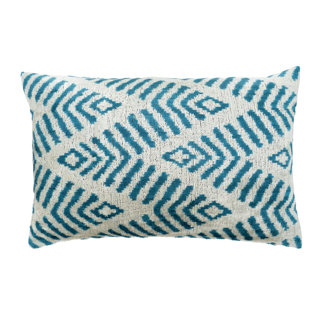 Coastal Blue Silk Velvet Ikat Throw Pillow Cover 16 X 24