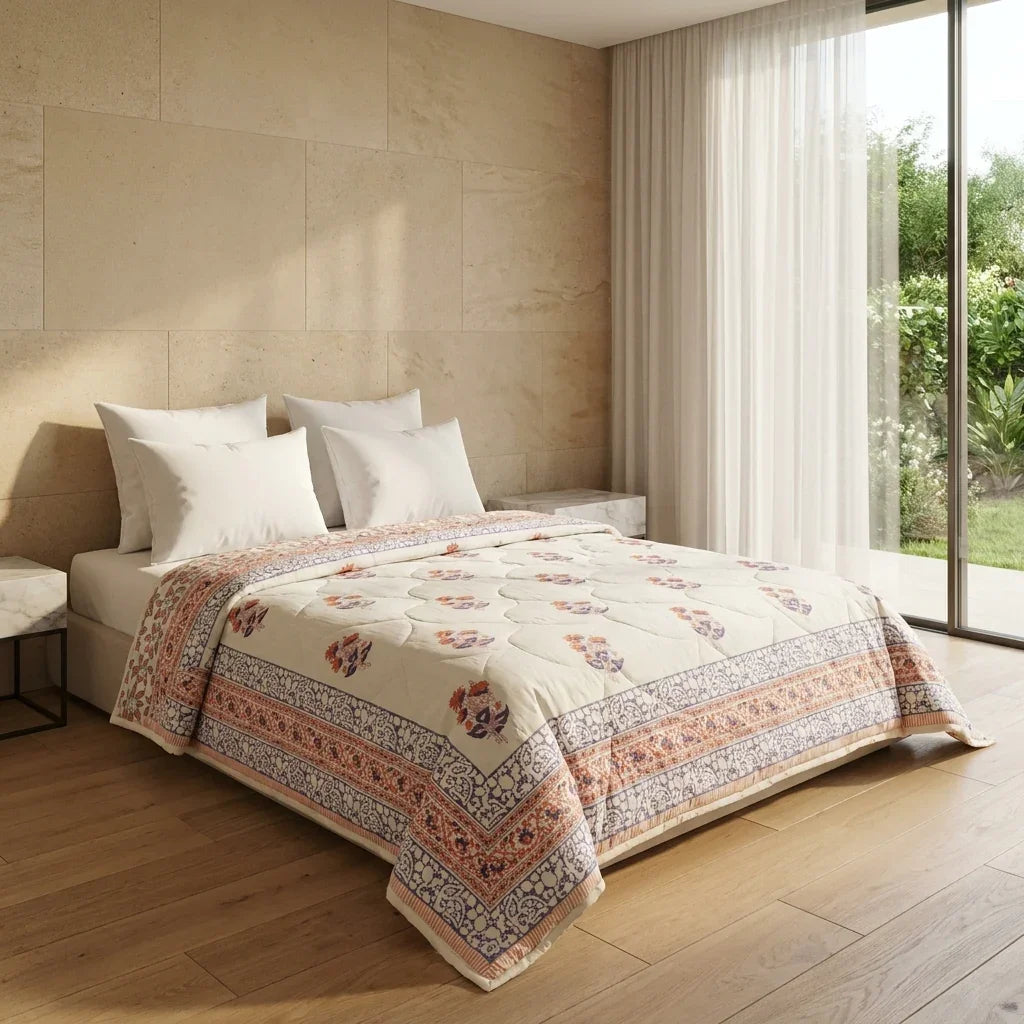 Lavender Grey & Cream Floral Jaipur Indian Hand Block Print Quilted Comforter