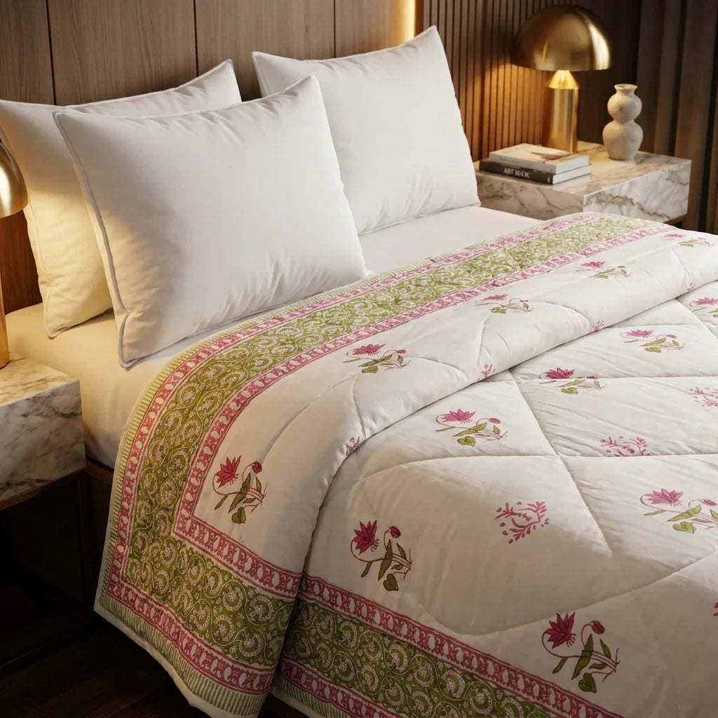 Cream & Deep Rose Olive Floral Jaipur Indian Hand Block Print Quilted Comforter