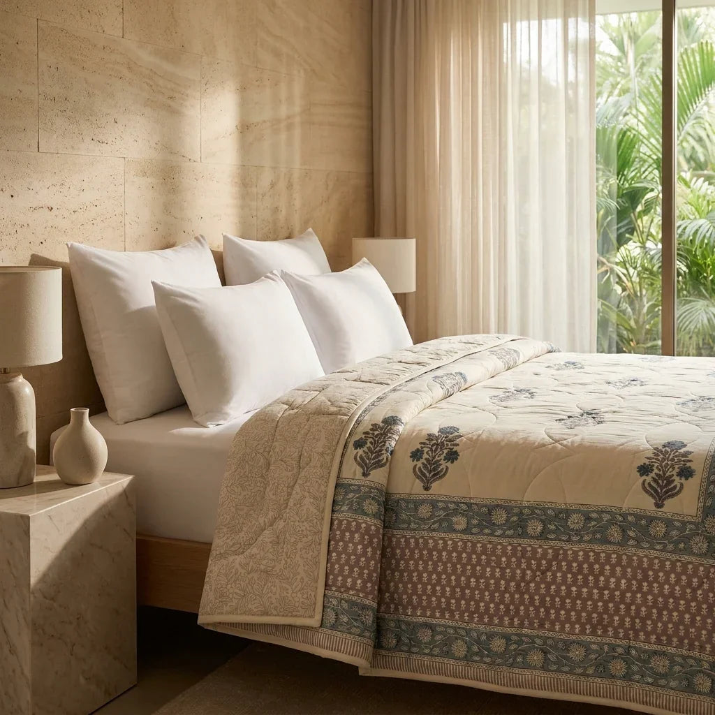 Cream & Slate Blue Floral Jaipur Indian Hand Block Print Quilted Comforter