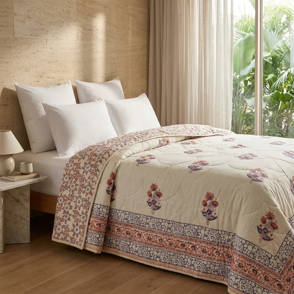 Lavender Grey & Cream Floral Jaipur Indian Hand Block Print Quilted Comforter
