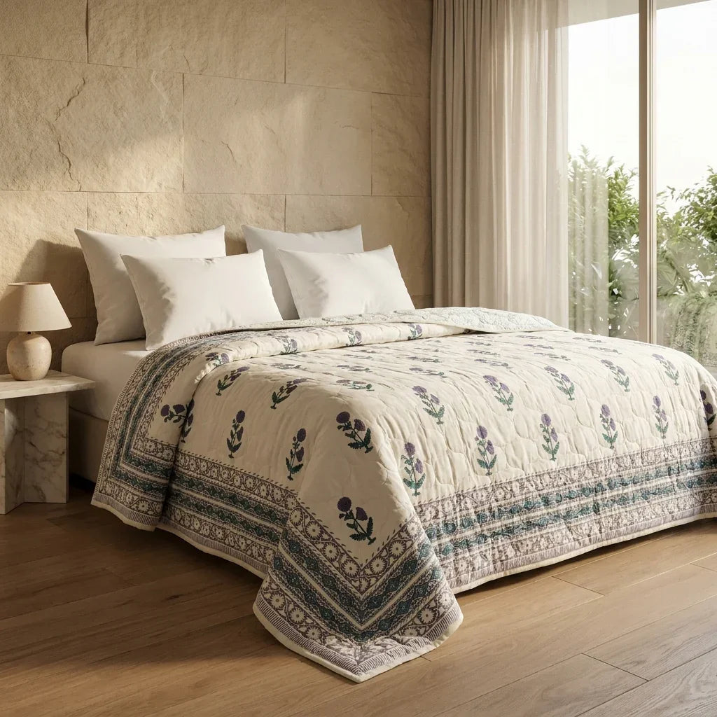 Cream & Indigo Blue Floral Jaipur Indian Hand Block Print Quilted Comforter