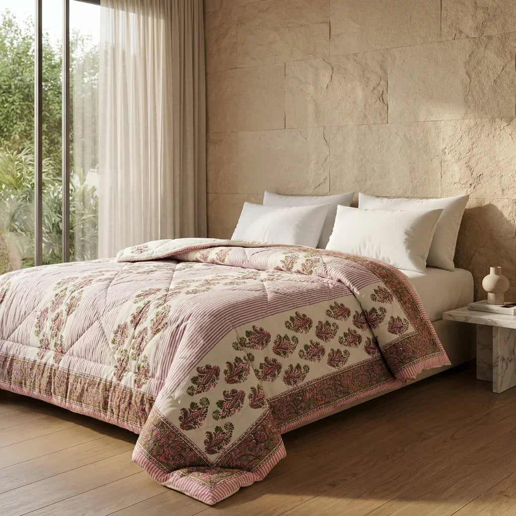 Cream & Deep Pink Floral Jaipur Indian Hand Block Print Quilted Comforter