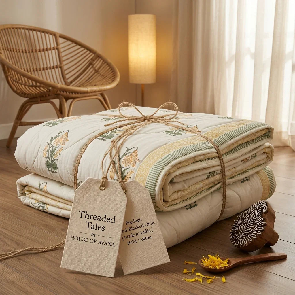 Cream & Golden Yellow Floral Jaipur Indian Hand Block Print Quilted Comforter