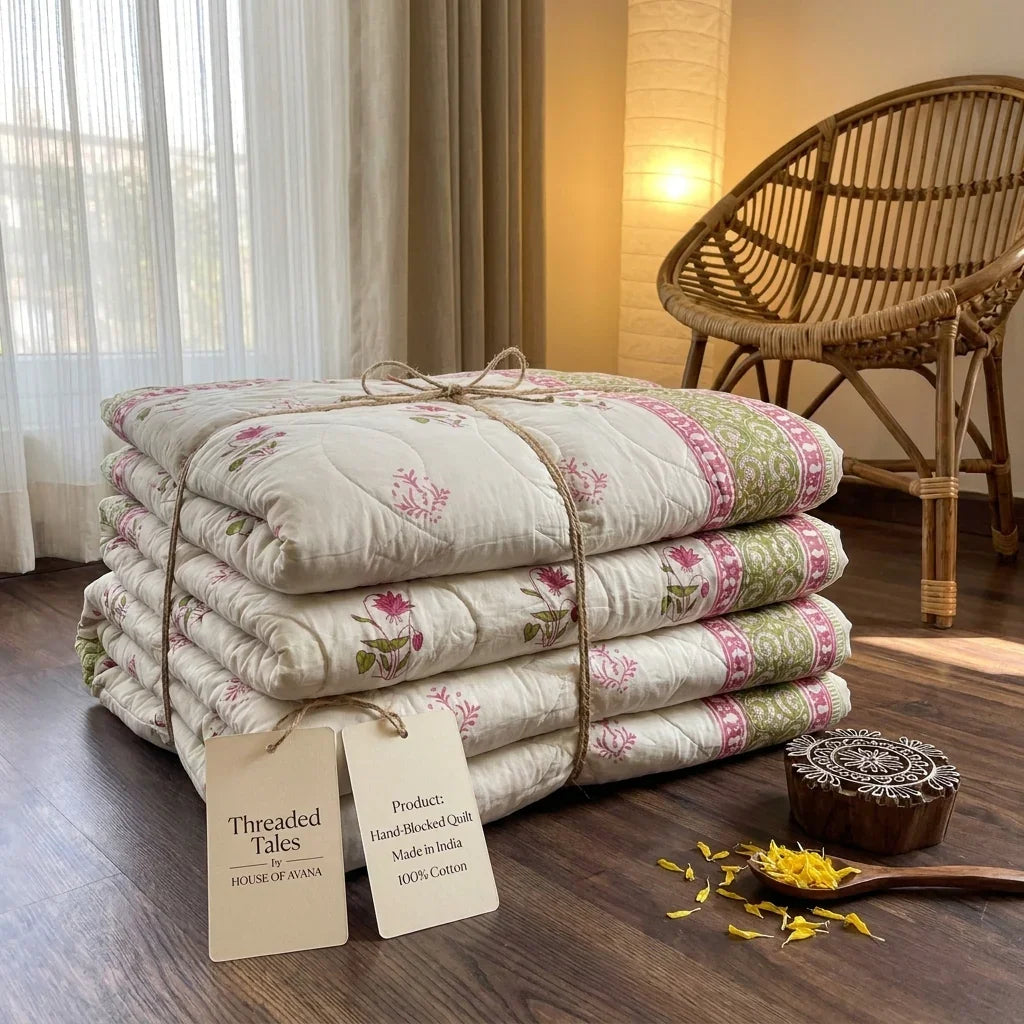 Cream & Deep Rose Olive Floral Jaipur Indian Hand Block Print Quilted Comforter