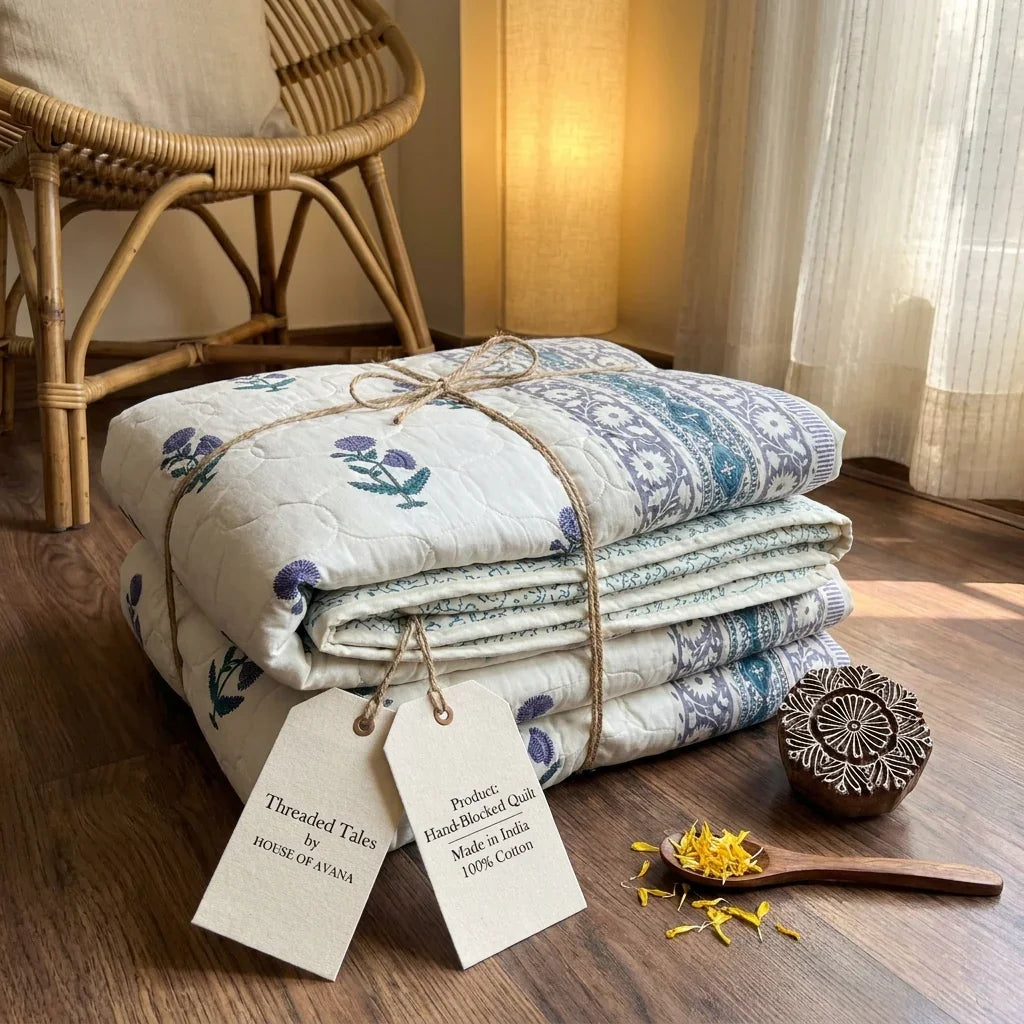 Cream & Indigo Blue Floral Jaipur Indian Hand Block Print Quilted Comforter