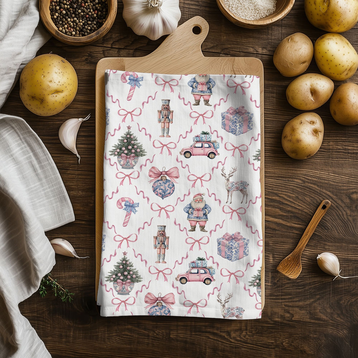 Pink & Blue Chinoiserie Christmas Kitchen Towel