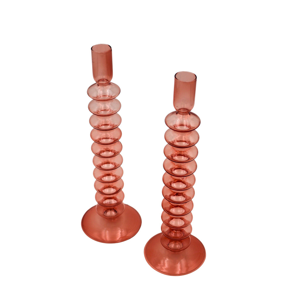 Coraline Peach Glass Candle Holders - Pair