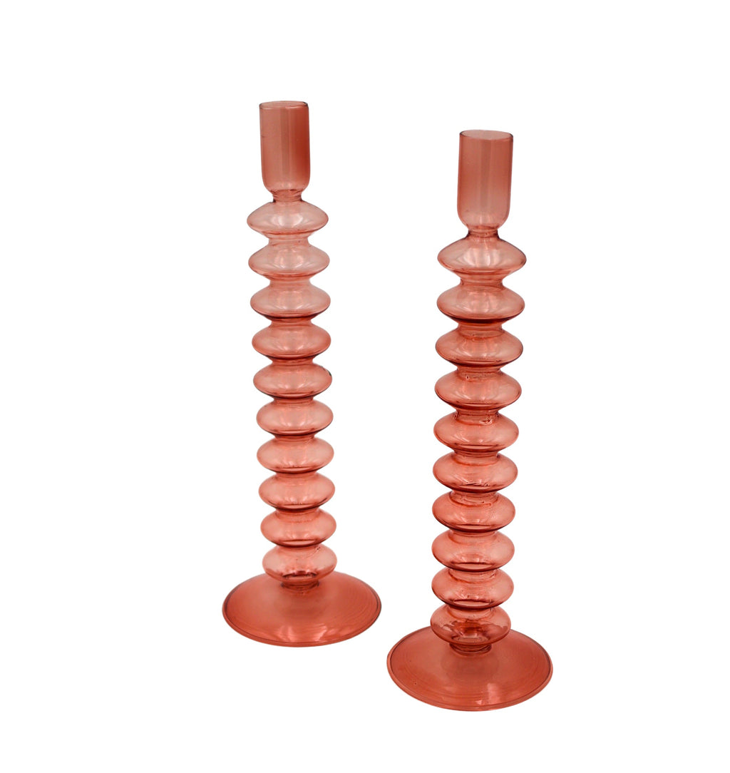 Coraline Peach Glass Candle Holders - Pair