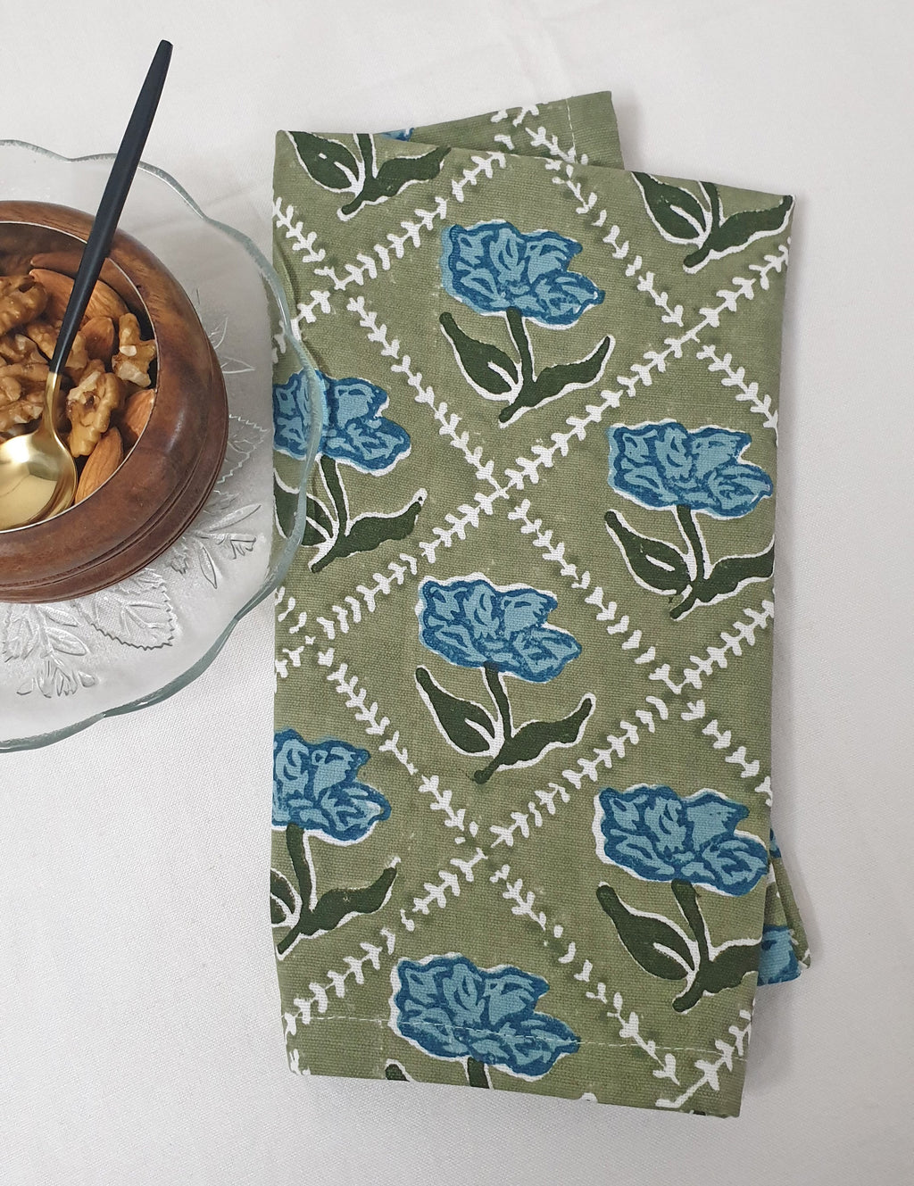 Noor Cotton Table Napkins — Olive & Blue, Set of 2