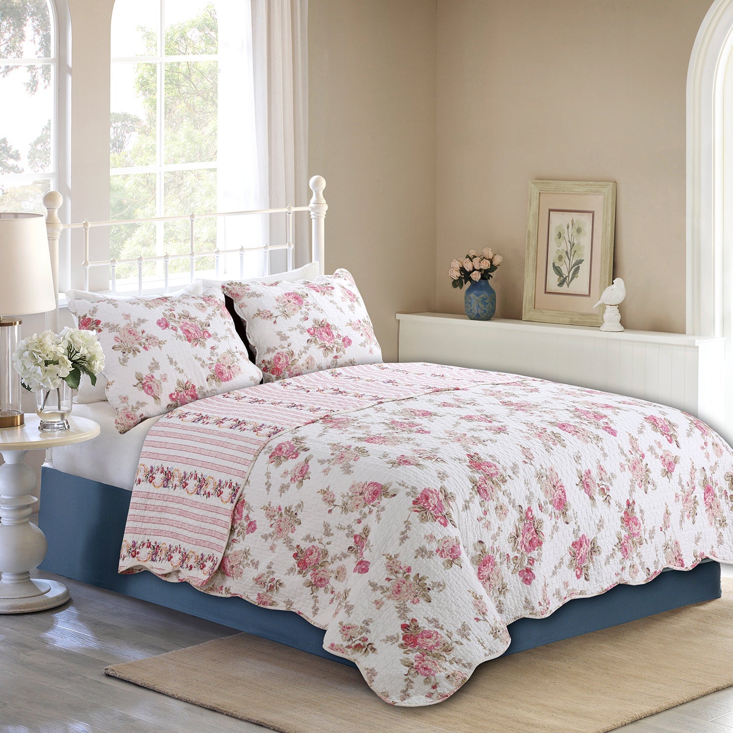 Spring Rose Floral Scalloped 3-Piece Cotton Reversible Quilt Bedding Set