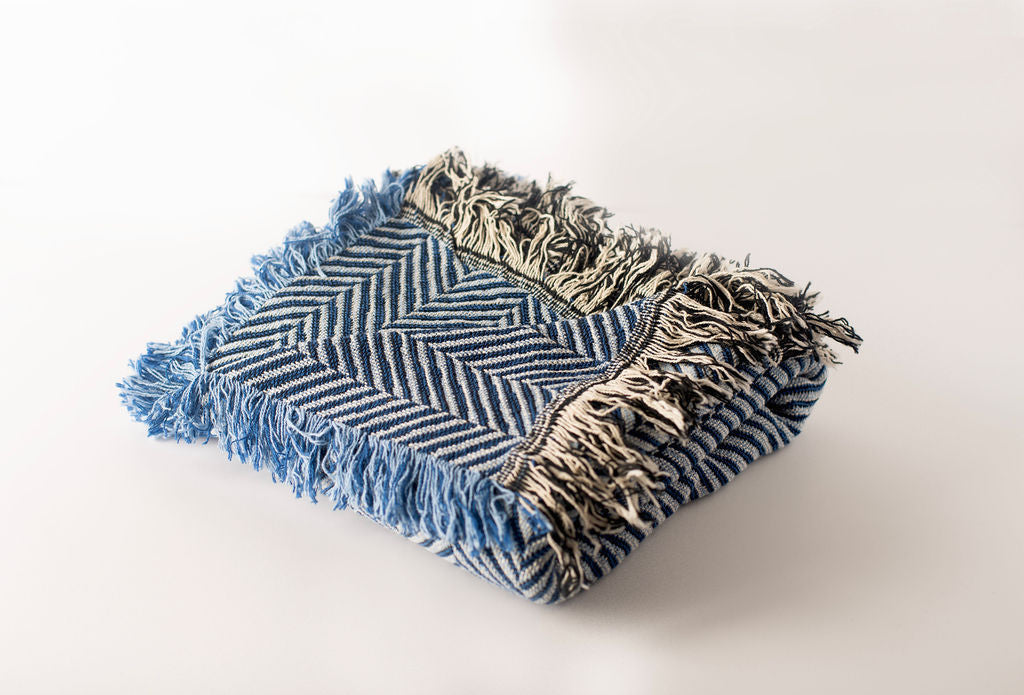 Henry Chambray Blue Herringbone Jacquard Woven Throw Blanket, Reversible Cotton Throw, Made in USA