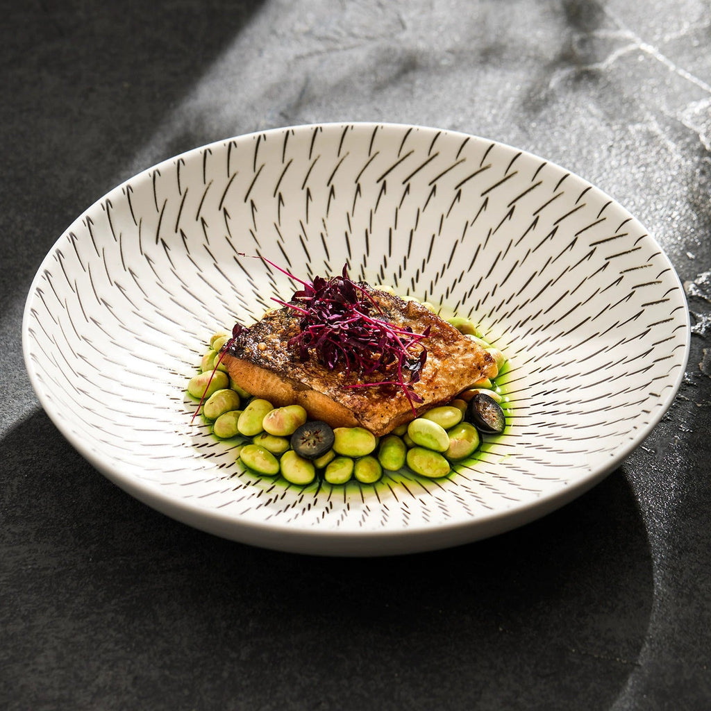 Luxury Japanese-Style Ceramic Dinner Plate – Modern Black Line Pattern
