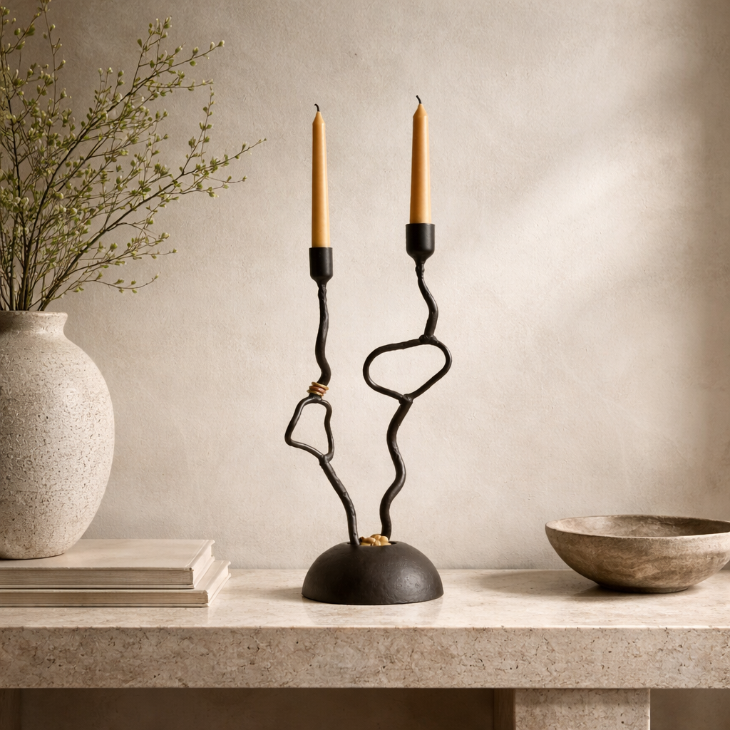 Dreams Candle Holder — Sculptural Handmade Iron & Copper Taper Holder (15”)