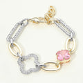 14K Gold Plated CZ Stone Double Clover Accent Oval Link Chain Bracelet