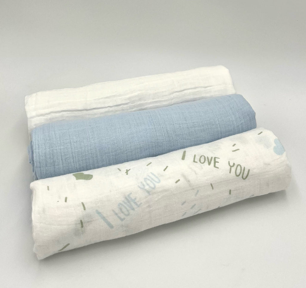 Swaddle Muslin Blankets: BUNDLE OF LOVE, Set of 3, Boy Newborn Gift