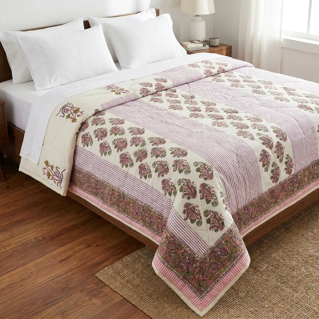 Cream & Deep Pink Floral Jaipur Indian Hand Block Print Quilted Comforter