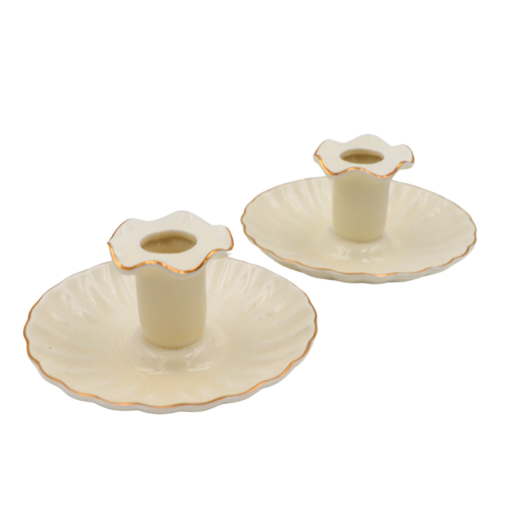 Gilded Cream Ceramic Candle Holders - Pair