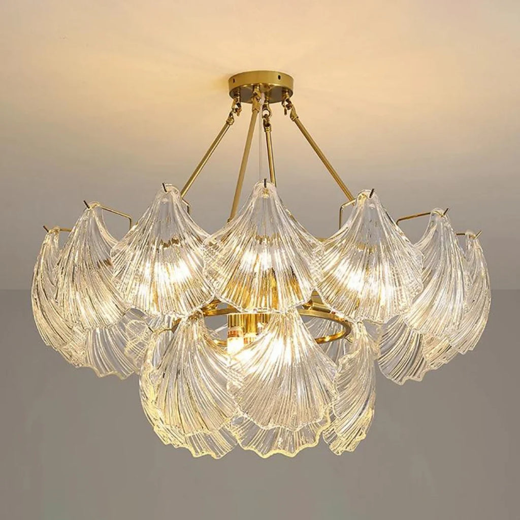 Ribbed Glass Shell Brass Chandelier