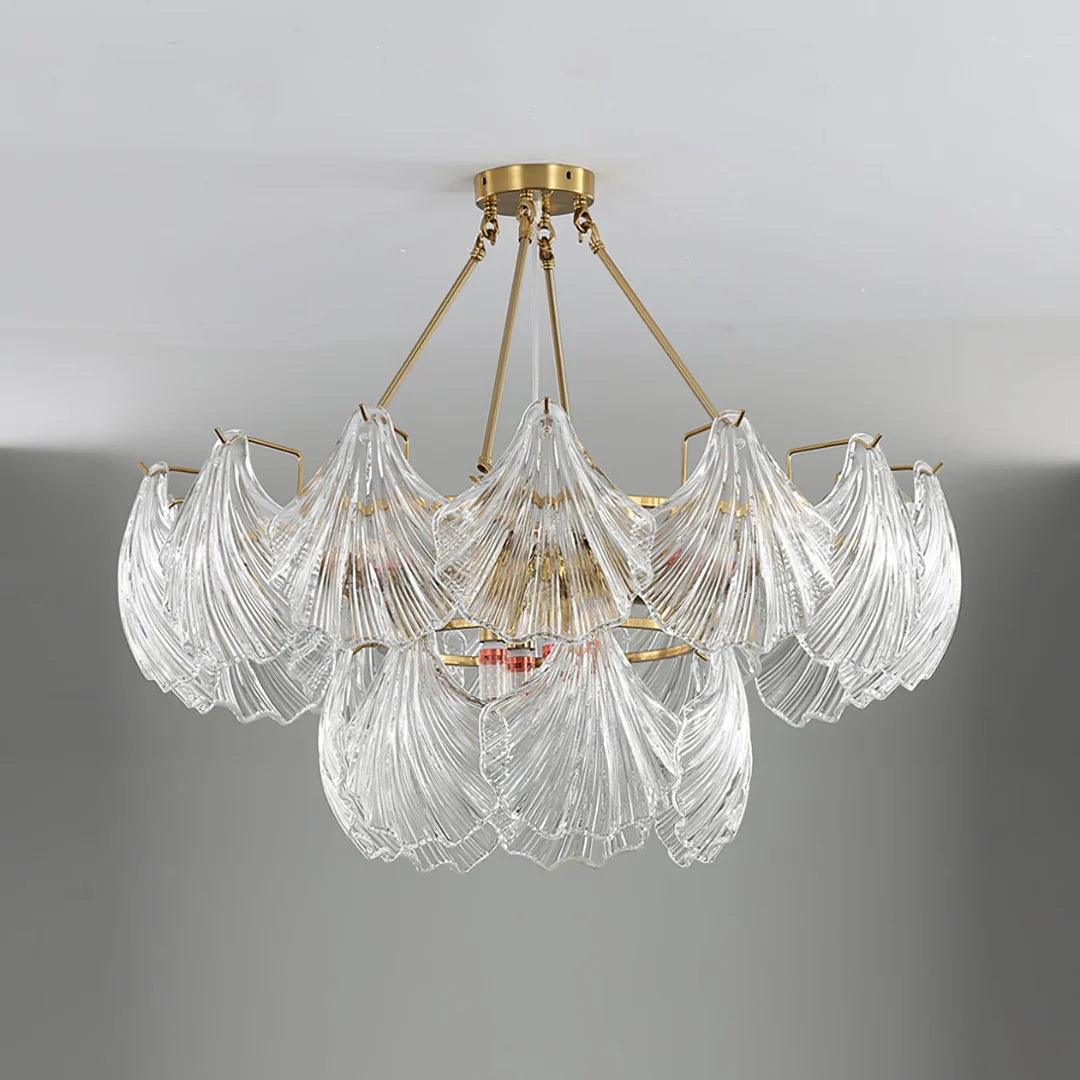 Ribbed Glass Shell Brass Chandelier
