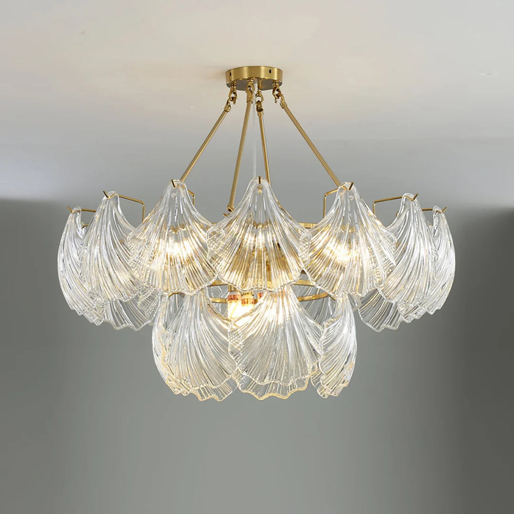Ribbed Glass Shell Brass Chandelier