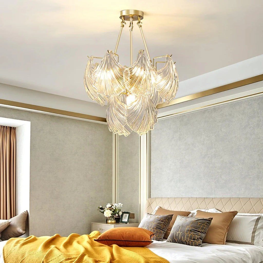 Ribbed Glass Shell Brass Chandelier