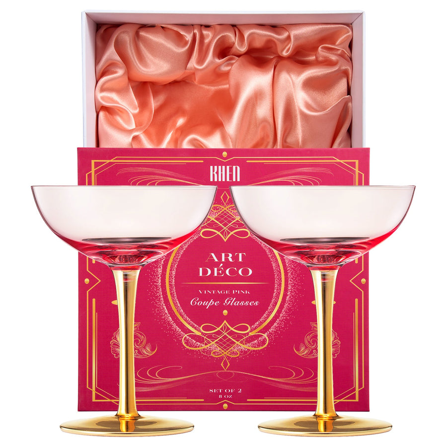 Deco Champagne Coupe Cocktail Glassware, Pink, Set of 2