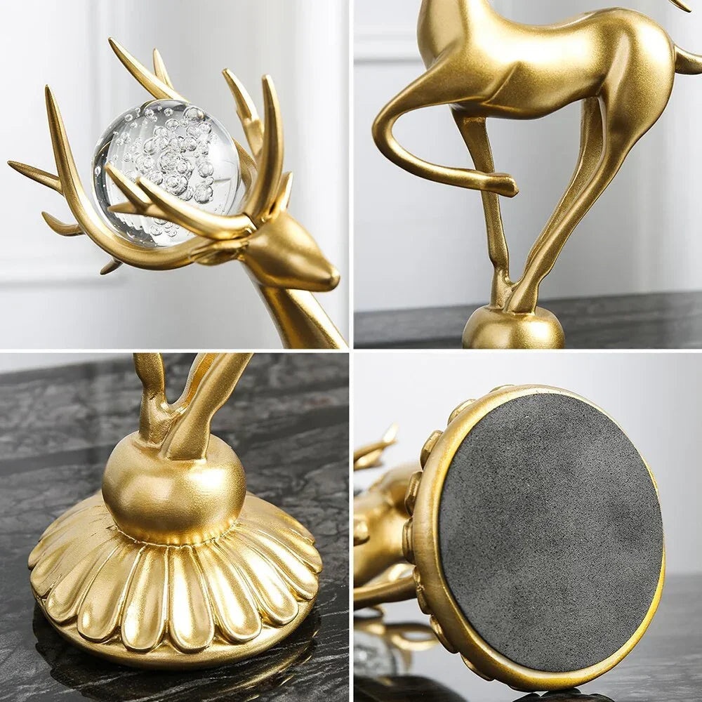 Golden Deer Figurine Set with Crystal Floral Accents