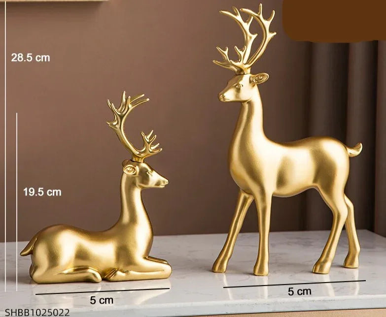 Golden Deer Figurine Set with Crystal Floral Accents
