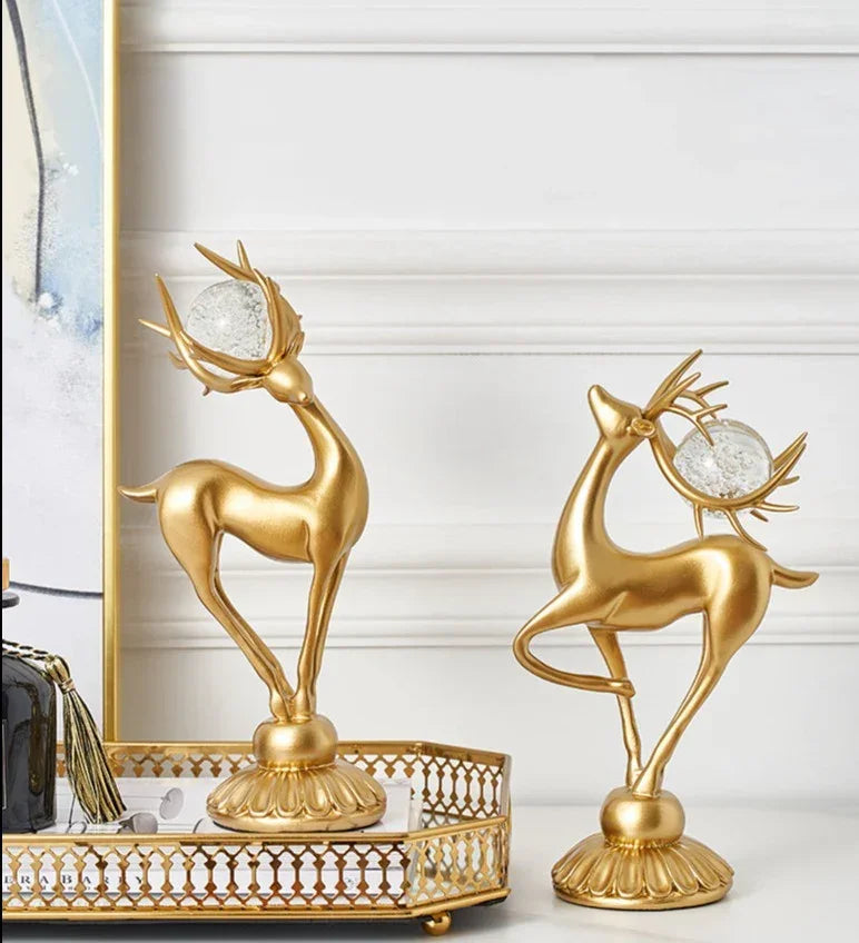 Golden Deer Figurine Set with Crystal Floral Accents
