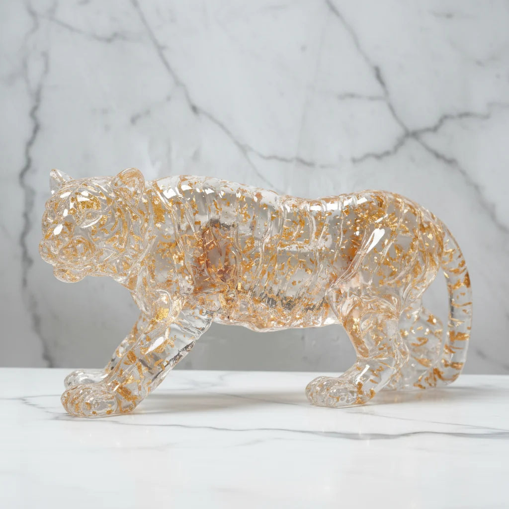 Golden Leopard Animal Sculpture with Gold Foil Resin for Home Decor