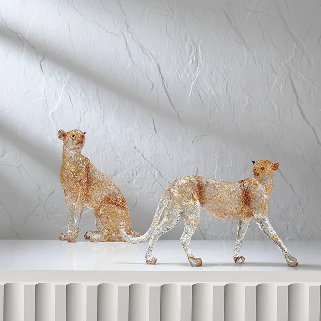 Golden Leopard Animal Sculpture with Gold Foil Resin for Home Decor