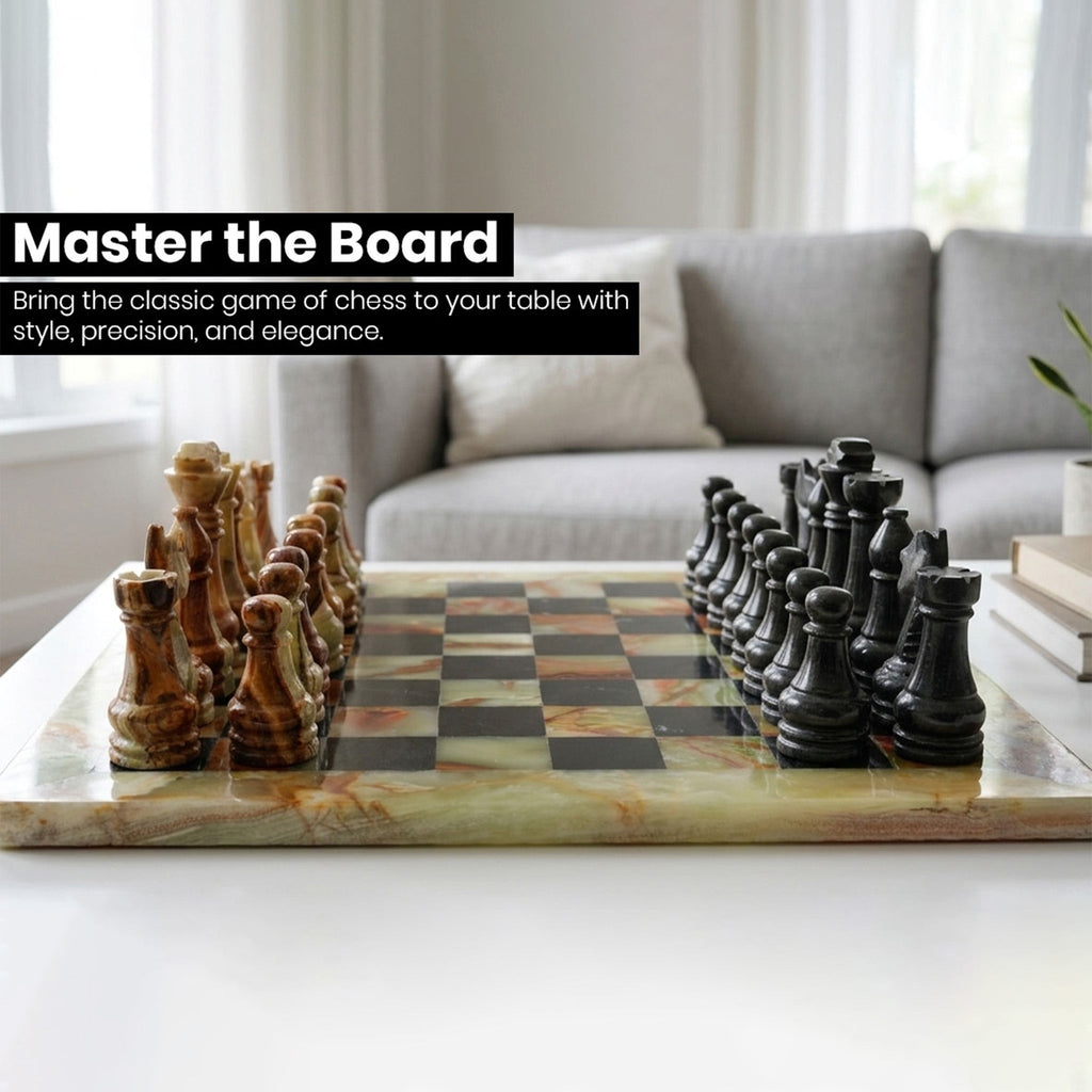 Green Onyx and Black Marble Chess Set 12 Inches - Premium Handmade