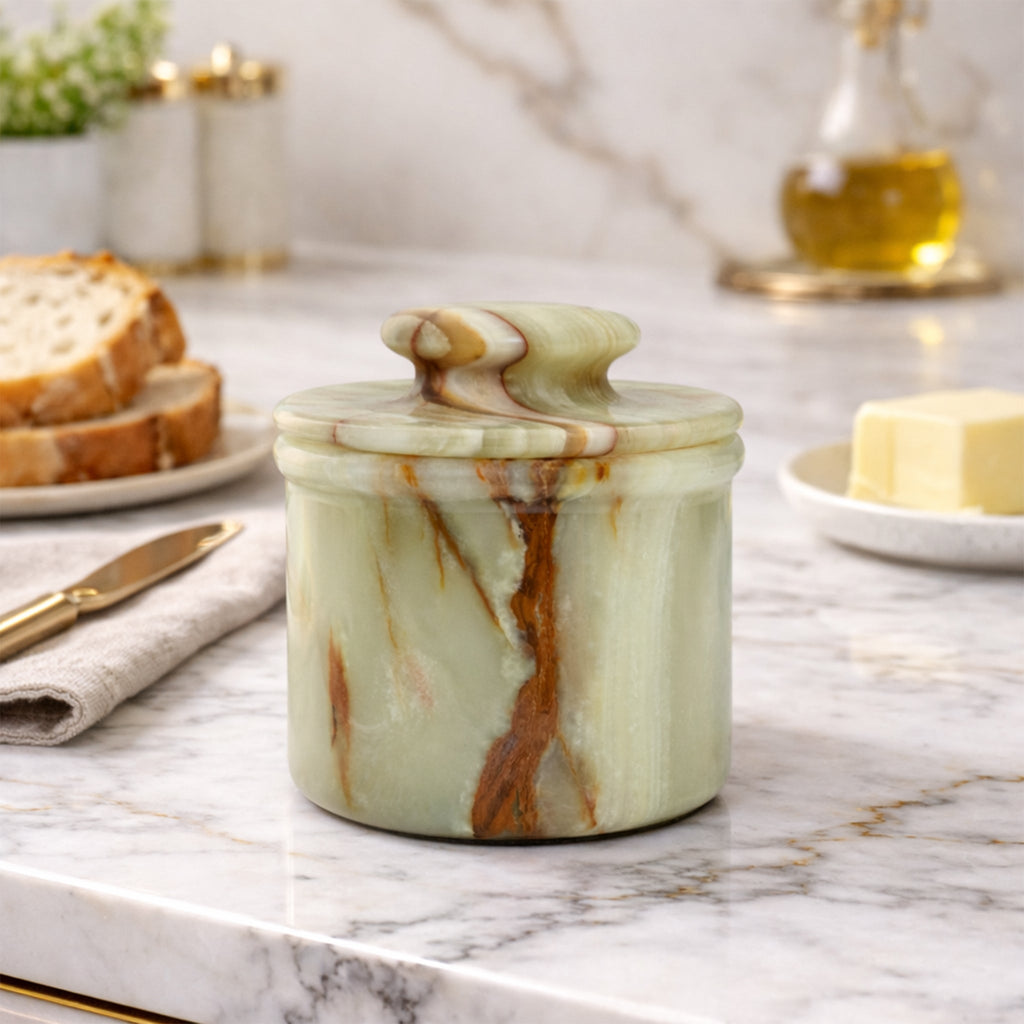 Green Onyx Butter Keeper with Lid - French Butter Crock