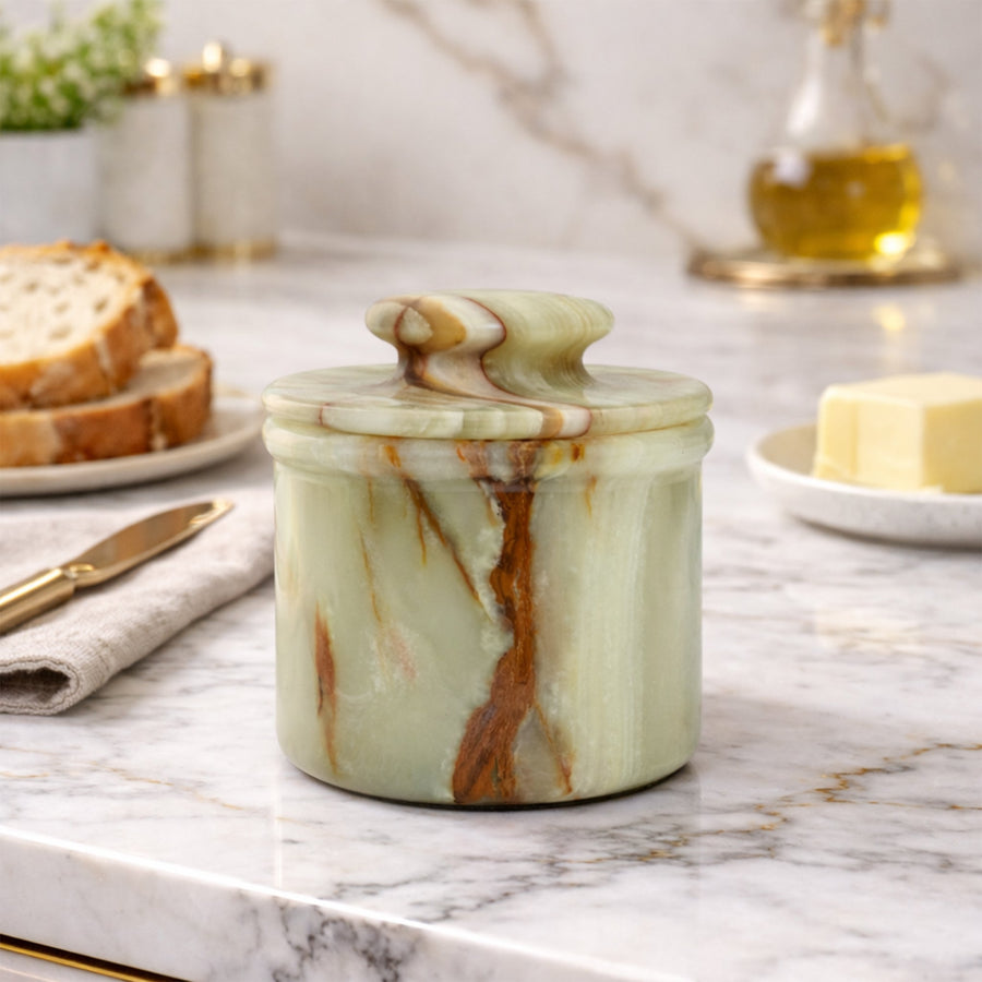 Green Onyx Butter Keeper with Lid - French Butter Crock