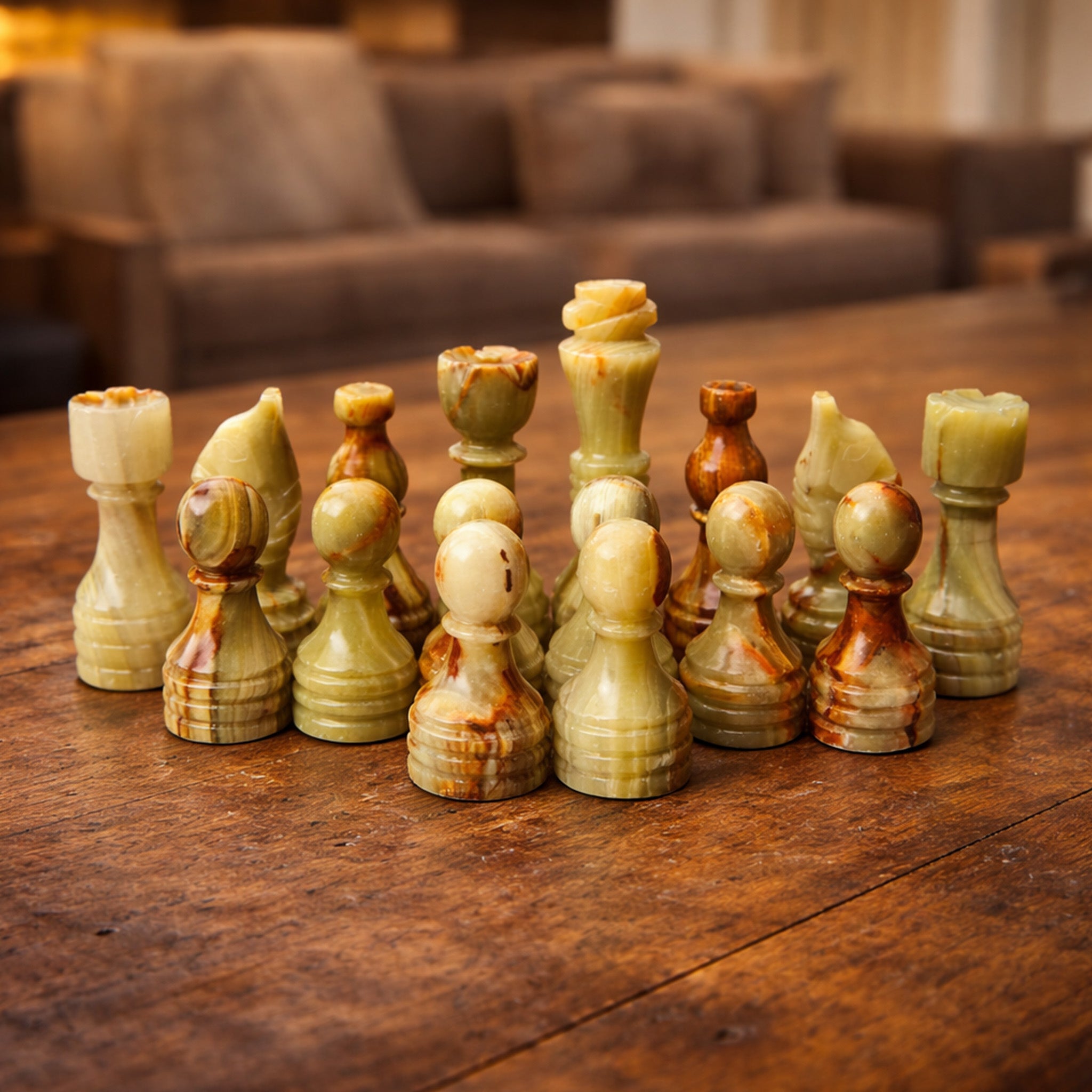 Coral and Green Onyx Chess Pieces for 12 to 16 Inches Board - Handcrafted (Pieces Only)