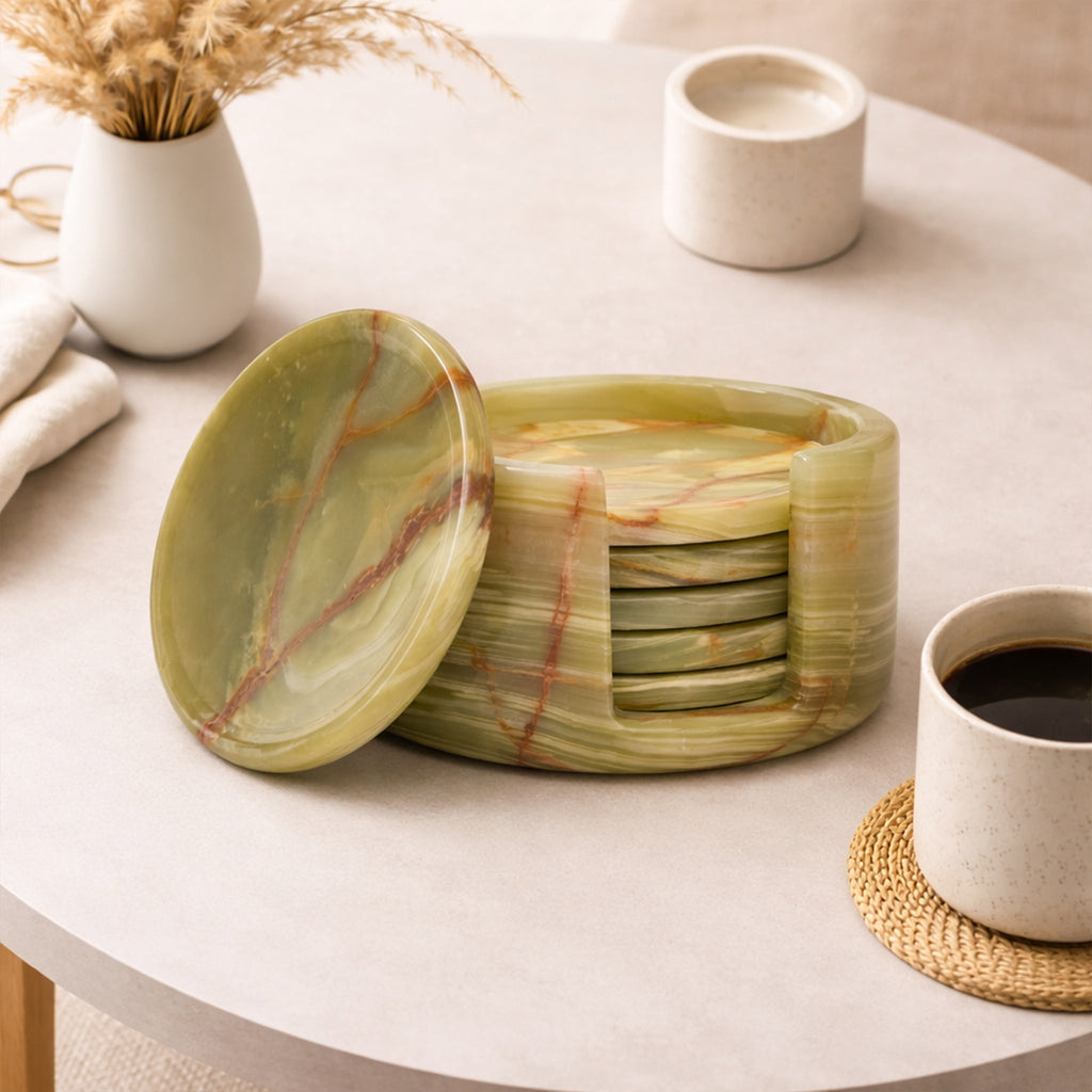 Green Onyx Round Marble Coaster (Set of 6)