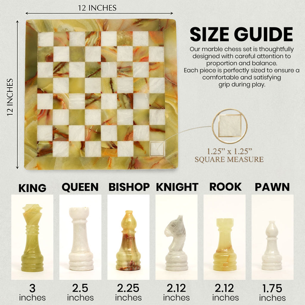 Green Onyx and White Marble Chess Set 12 Inches - Premium Handcrafted
