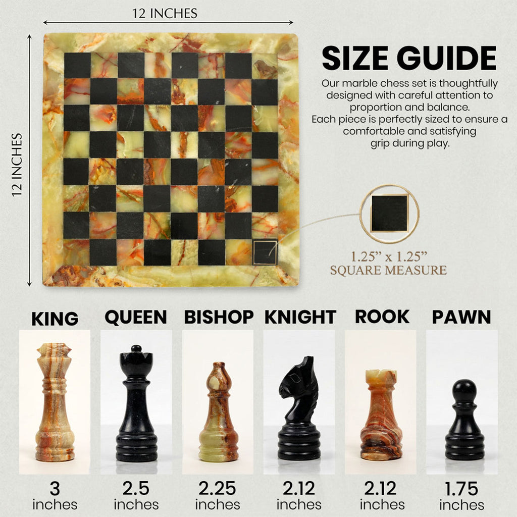 Green Onyx and Black Marble Chess Set 12 Inches - Premium Handmade