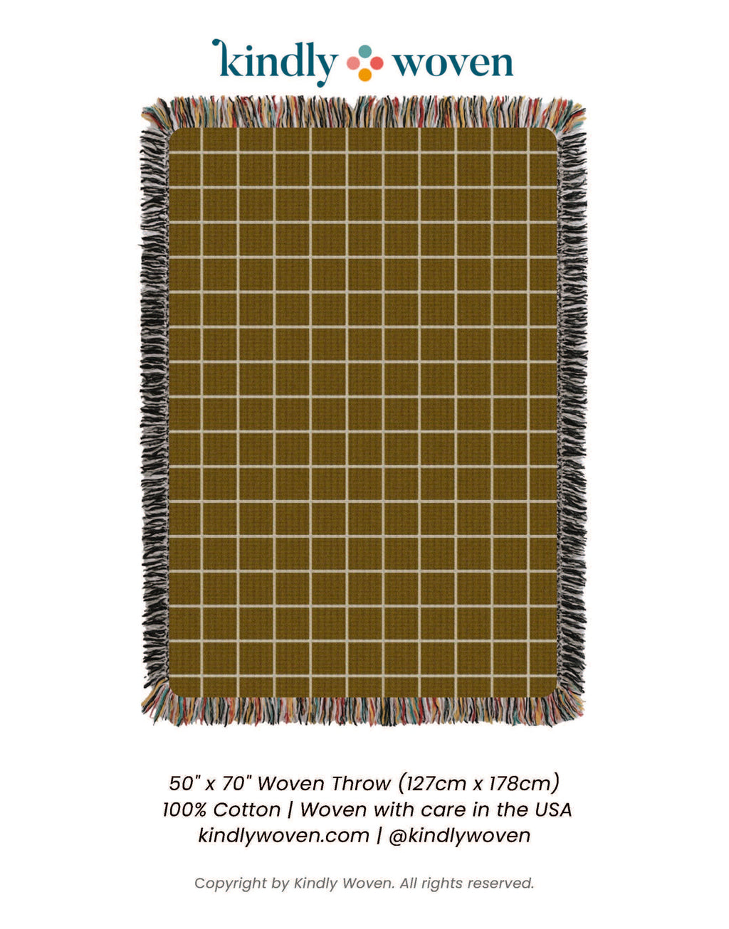 Greer Acorn Golden Brown Grid Jacquard Woven Throw Blanket, Reversible Cotton Throw, Made in USA