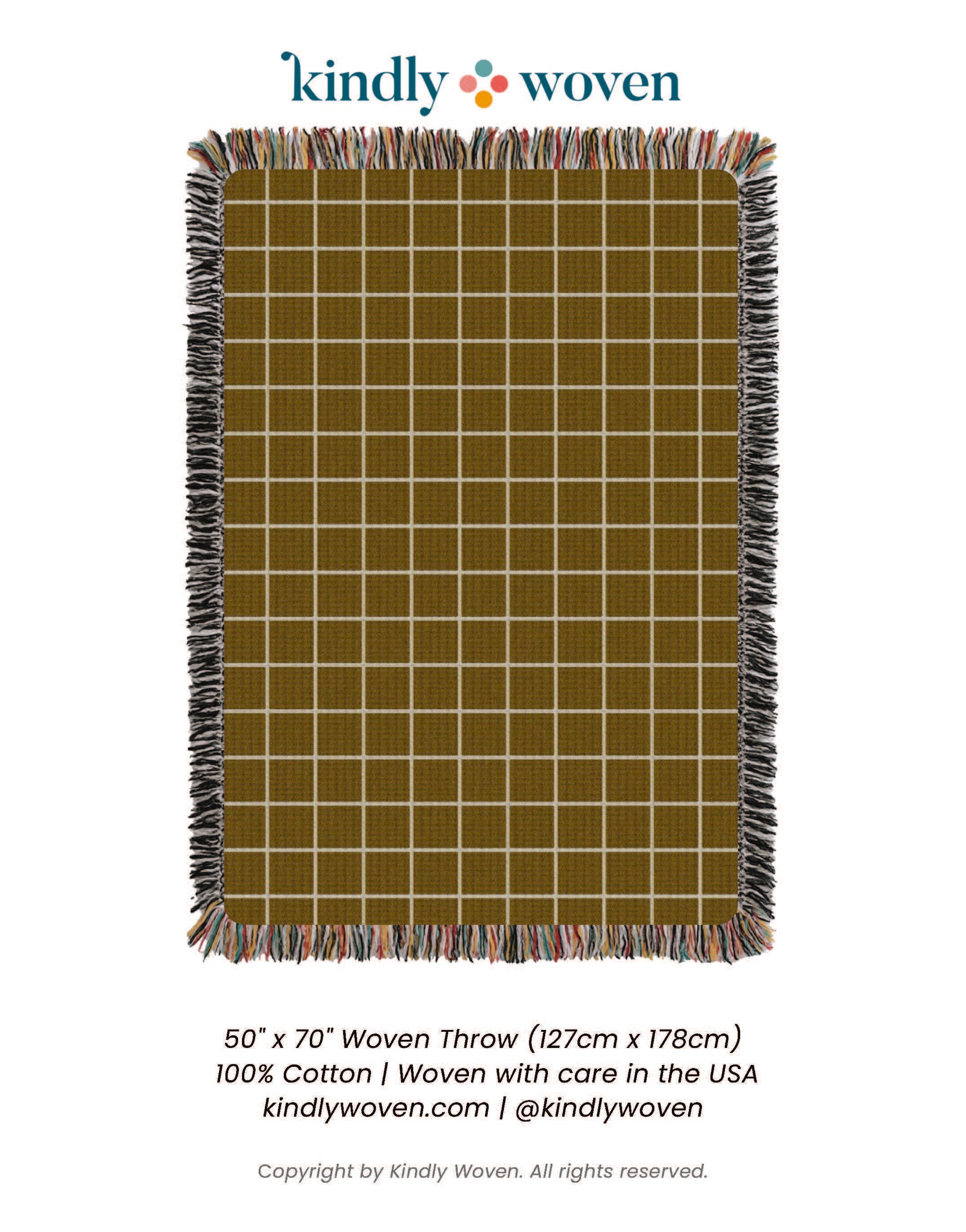 Greer Acorn Golden Brown Grid Jacquard Woven Throw Blanket, Reversible Cotton Throw, Made in USA