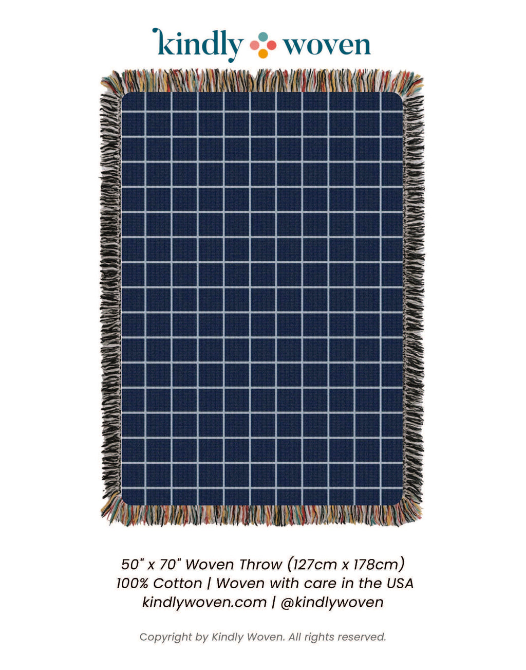 Greer Lapis Blue Grid Jacquard Woven Throw Blanket, Reversible Cotton Throw, Made in USA