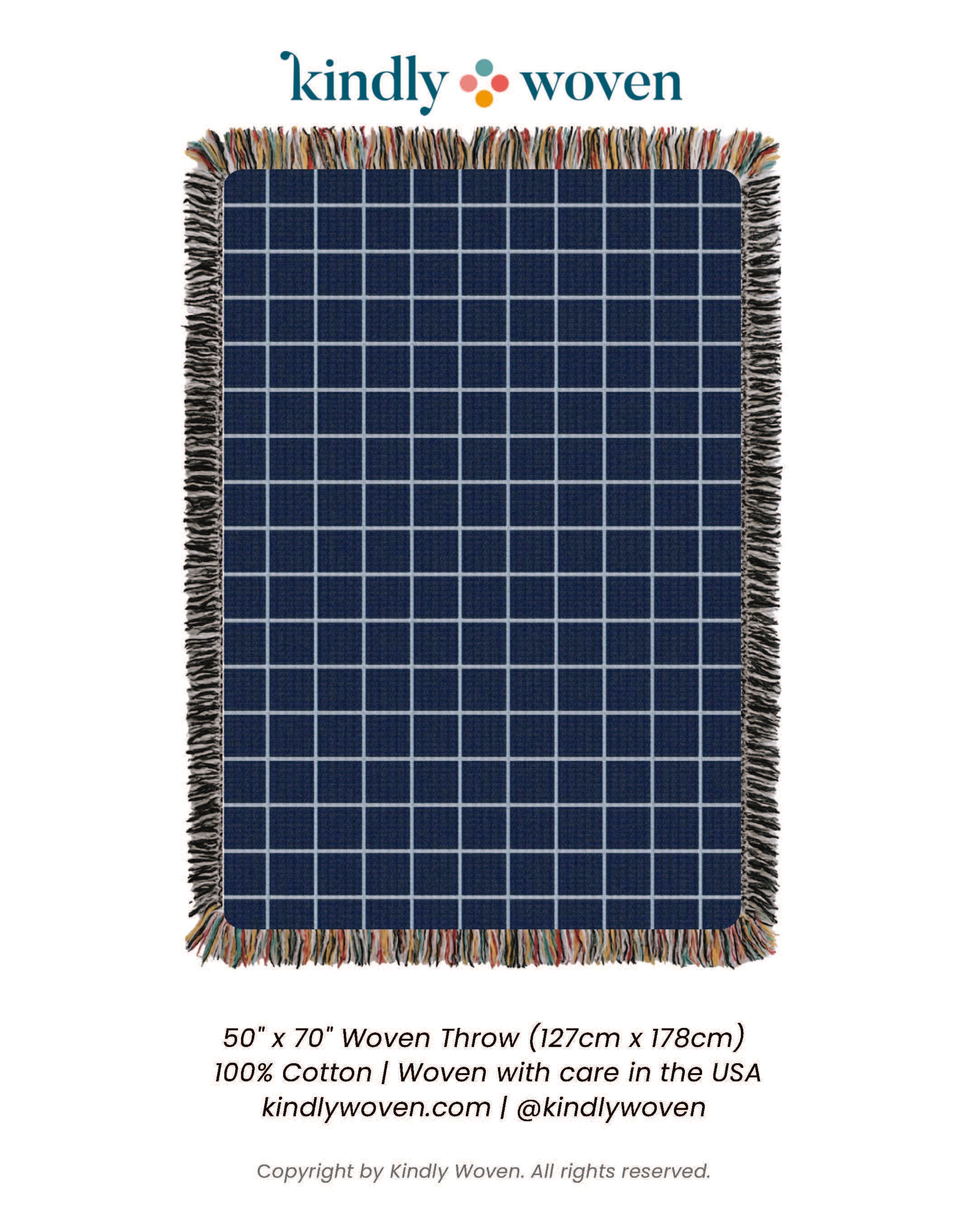 Greer Lapis Blue Grid Jacquard Woven Throw Blanket, Reversible Cotton Throw, Made in USA