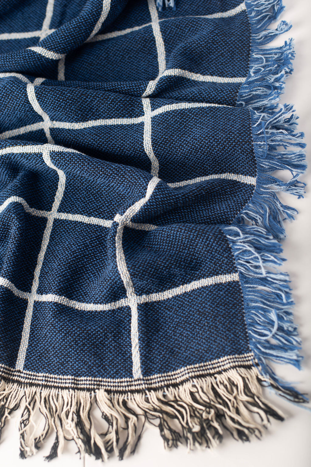 Greer Lapis Blue Grid Jacquard Woven Throw Blanket, Reversible Cotton Throw, Made in USA