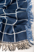 Greer Lapis Blue Grid Jacquard Woven Throw Blanket, Reversible Cotton Throw, Made in USA